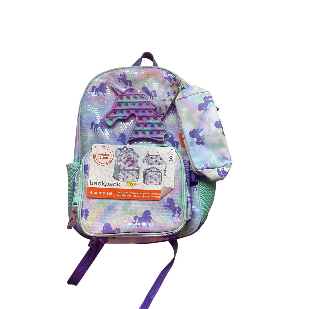 Wonder Nation Unicorn Backpack 4 Piece Set Popper Fidget Sequin Rainbow 17 Inch
